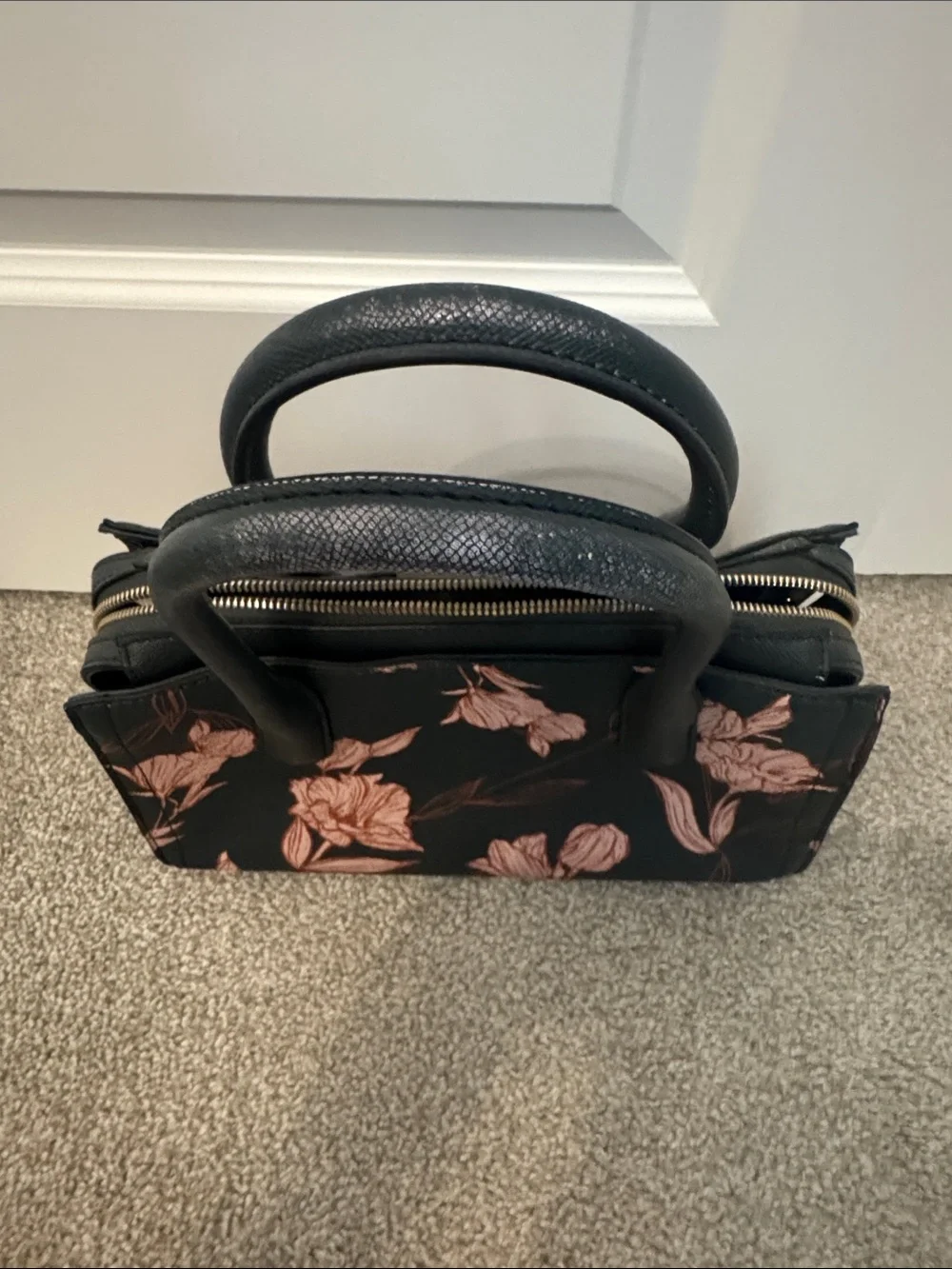 a new day Dark Green Satchel with Blush Pink Floral Print and Gold Accent